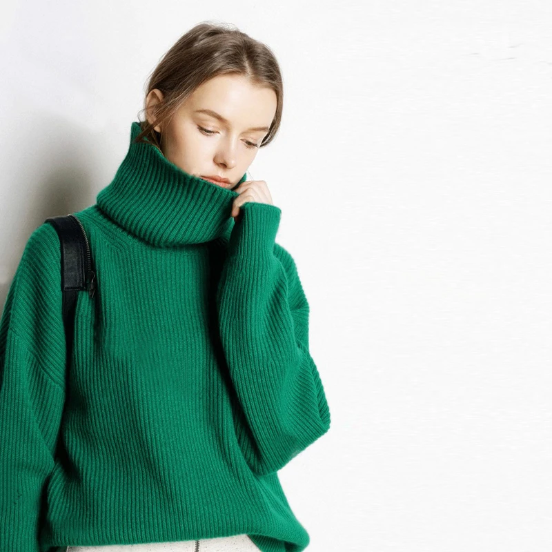 Flectit кашемировый свитер с воротником-хомутом для женщин, простой цвет, синий цвет, слоновая кость, длинный рукав, свободный уютный джемпер, тонкая вязка, осенние зимние наряды - Цвет: Зеленый