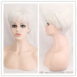SuQ Classical Short Sliver Wig For White Women Hair Synthetic Natural Curly Sliver White Cosplay Heat Resistant Daily Wigs