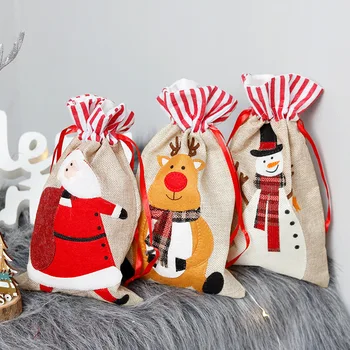 

Christmas Burlap Gift Bag Cartoon Santa Snowman Elk Pattern Drawstring Treat Bag Xmas Birthday Party Navidad Decoration Supplie