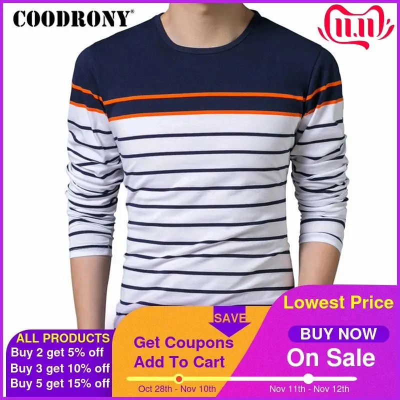 

COODRONY T Shirt Men Brand Clothes 2019 Autumn New Long Sleeve T-Shirt Men Cotton Tee Shirt Homme Casual Striped O-Neck Top 8613