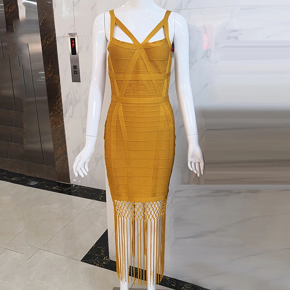 Ailigou новое зимнее женское Бандажное платье с бахромой, Vestidos, сексуальное облегающее Клубное миди платье без рукавов, вечерние платья с бахромой - Цвет: Ginger Yellow