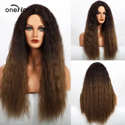 oneNonly Long Kinky Straight Ombre Black Brown Synthetic Wigs Middle Part for Women Cosplay Daily Natural Wig Heat Resistant
