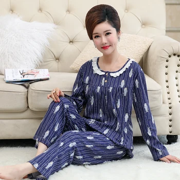 

pijama mujer pure cotton pyjamas women autumn cartoon new lace neckline pullover shirt + pants sweet home suits sleepwear linger