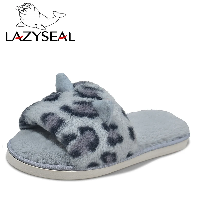 LazySeal/ г. Зимние домашние теплые меховые тапочки женская обувь женские домашние тапочки леопардовые женские шлепанцы теплая Домашняя обувь для женщин - Цвет: Blue - Ox horn