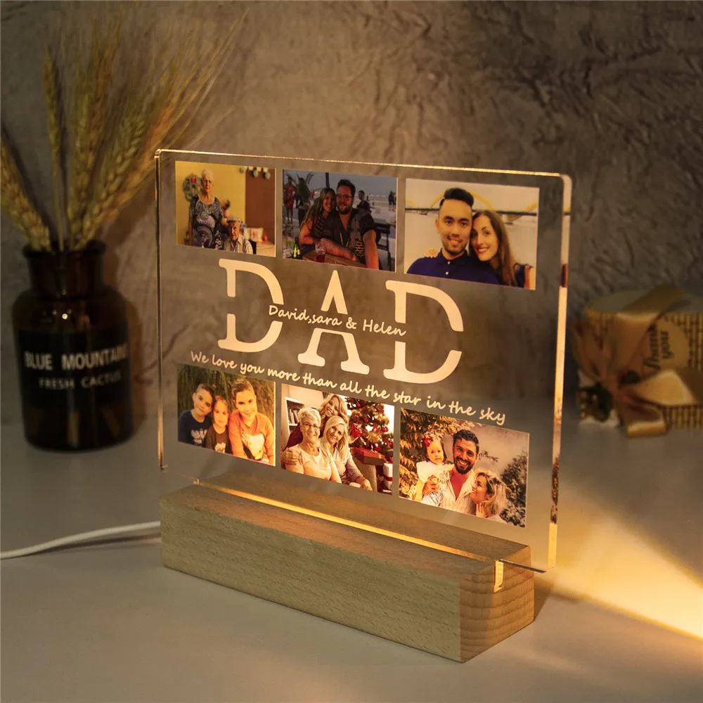 glass wall lights Personalized Love DAD LED USB Night Light Custom 6 Photos&Text Acrylic 3D Lamp for Father's Day Birthday Gift Room Decoration the range wall lights