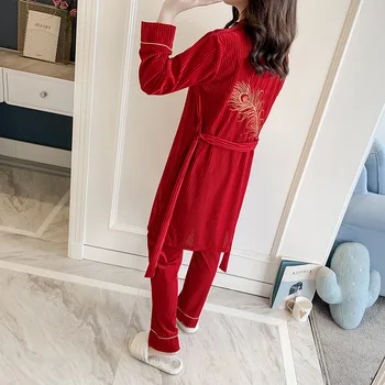 

Autumn Winter Warm 3 Pieces Pajamas Set Women Sexy Pajamas Sleepwear For Women Sleeveless Strap Nightwear Long Pant Robe