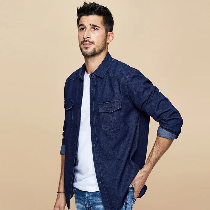 KUEGOU Осенняя хлопковая джинсовая рубашка с буквенным принтом, мужская повседневная приталенная рубашка на пуговицах с длинным рукавом для мужчин, брендовая блуза размера плюс 6996