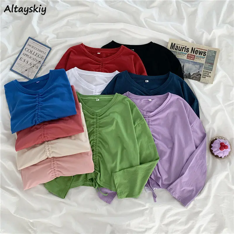 Long Sleeve T-shirts Women 11 Colors Chic Sweet Simple Teens Crop Top All-match Soft Fall Trendy Loose Female Ins Tees Clothes | Женская