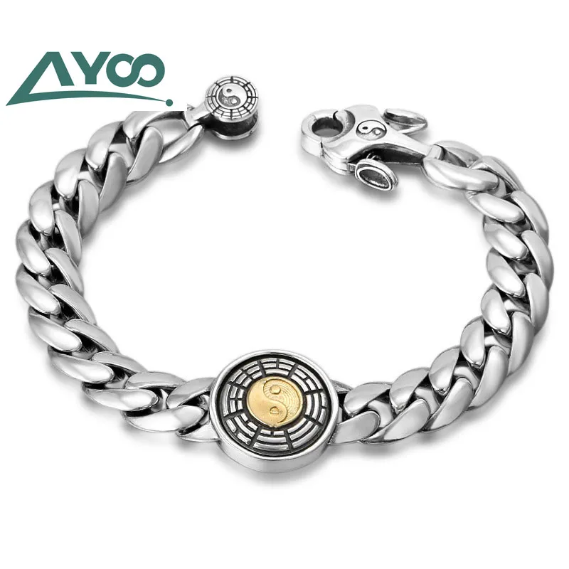 AYoo браслет 925 пробы Серебряный Круглый Серебряный Шарм 20 см мужские ювелирные изделия чистый S925 Серебряный браслет