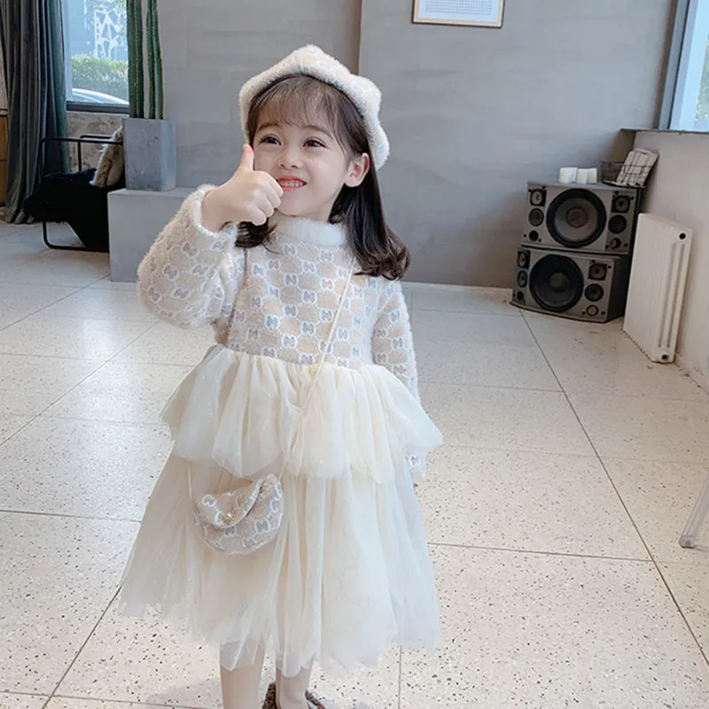 

DFXD 2-7Yrs Lolita Girls Princess Dress 2020 Winter Long Sleeve Plus Velvet Thick Elegant Ball Gown Lace Party Dress+Bag+Hat 3pc
