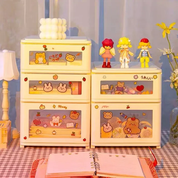 

New Kawaii ABS Drawer Desktop Organizer Desk Storage Box With DIY Free Sticker School Stationery Accessories
