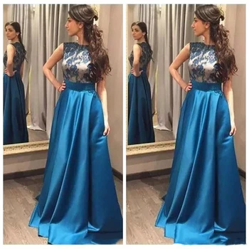 

Blue Lace Satin Mother of the Bride Dress Boat Neck Sleeveless Floor Length A Line Wedding Party Prom Evening Gowns Women Formal