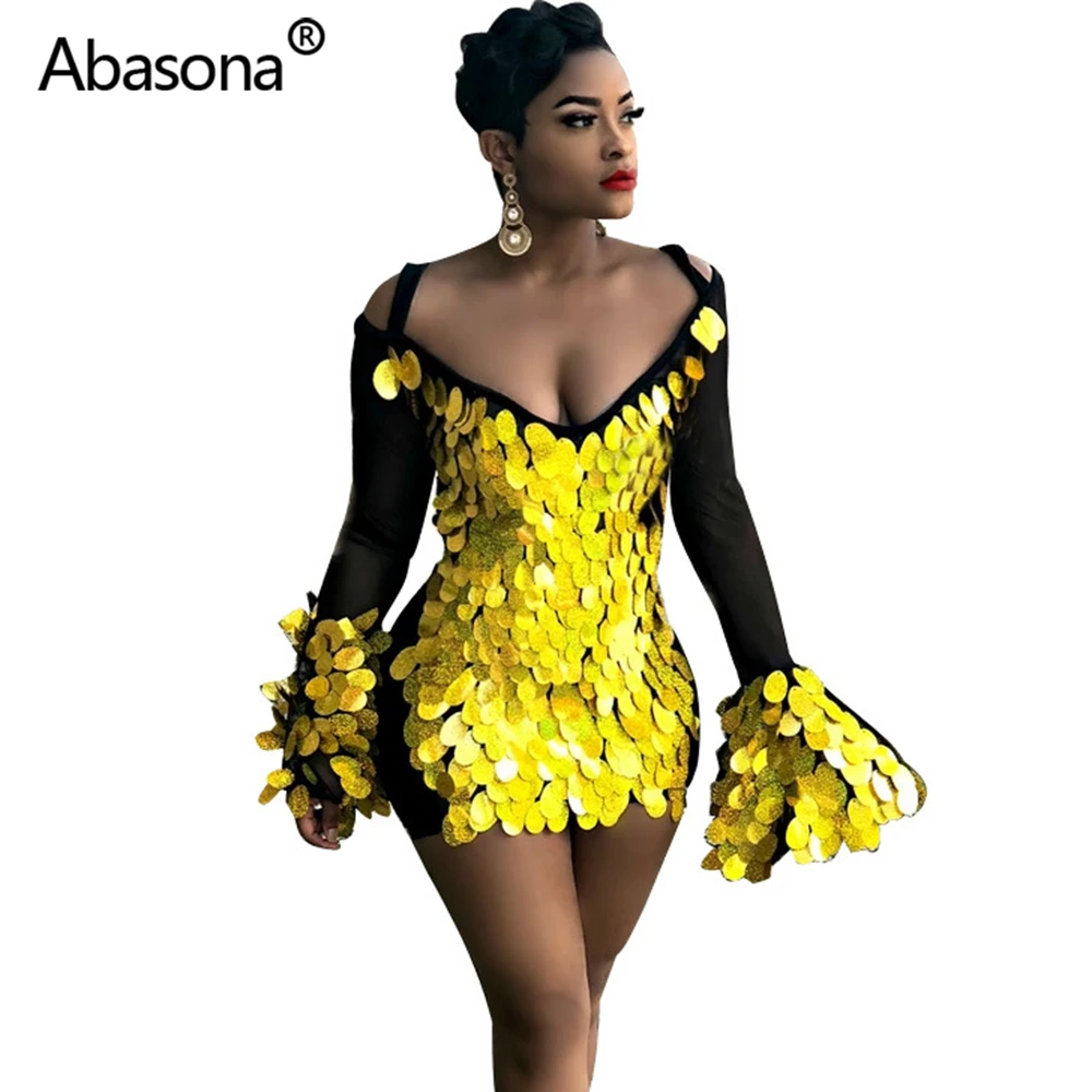 Abasona, осенне-зимнее женское сексуальное облегающее мини-платье с глубоким v-образным вырезом и длинным рукавом, обтягивающие платья с большими пайетками, вечерние платья для ночного клуба - Цвет: Золотой
