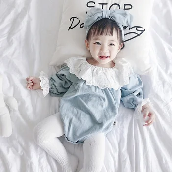 

2020 new Infant Round Collar Long Sleeve Solid Color Girls Jumpsuit Climb Soft Romper+Hairband Two-piece Set Hot