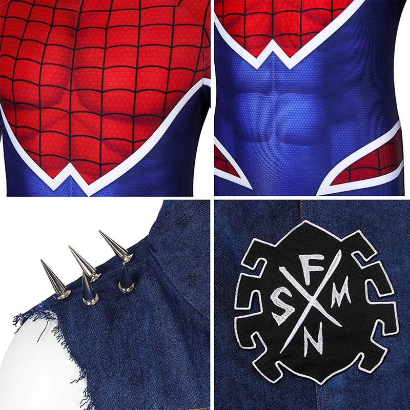 Game Ps4 Spider-Man Costume Spider-Punk Rock Homecoming Cosplay Superhero Halloween Jumpsuit Denim Vest Zentai For Children Kids