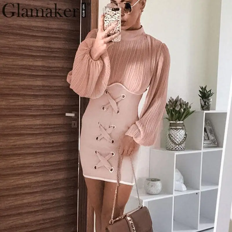 Женское облегающее платье Glamaker розовое трикотажное мини с длинным рукавом
