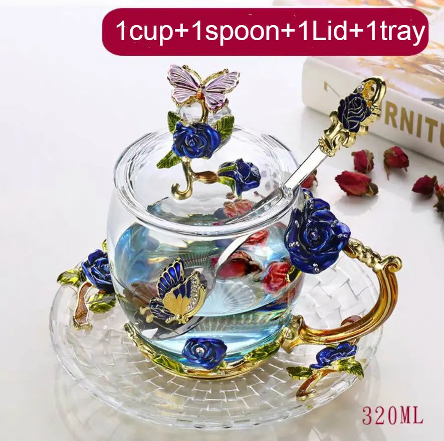 1cupspoon1lid1saucer Красная роза, эмалированное стекло, кофейные кружки чашки для чая и кружки, ручной работы, термостойкие стаканы, стакан для воды, посуда для напитков, подарок для влюбленных, свадебная чашка - Цвет: 1cupspoon1lid1saucer