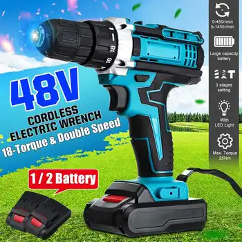

48V 2-Speed Cordless Drill Electric Screwdriver 18+2 Torque Mini Wireless Power Driver with 1/2pcs DC Lithium-Ion Battery Blue