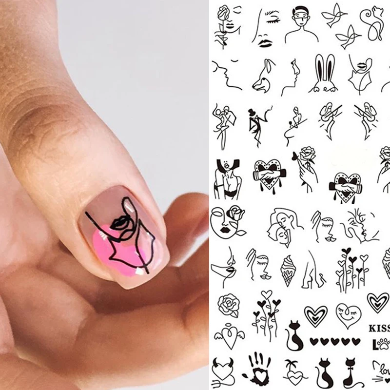

1pc Face Image Abstract Girl Decals Nail Transfer 3D Stickers Flowers Rose Red Black Sliders Adhesive Decoration