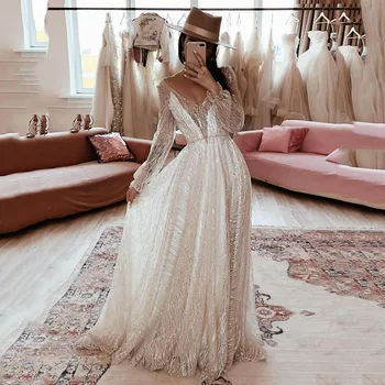

Thinyfull New Arrival Long Puffy Sleeve Wedding Dresses A Line V Neck Bride Dresses Tulle Backless Lace Appliques Bridal Gown