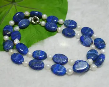 

Natural 13x18mm Oval Blue Lapis Lazuli & Real White Pearl Necklaces 18'' AAA