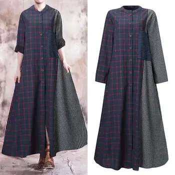 

Oversize Solid Linen Dress women's Summer Sundress ZANZEA Casual Long Sleeve Tunic Vestidos Female O Neck Plaid Kaftan Robe