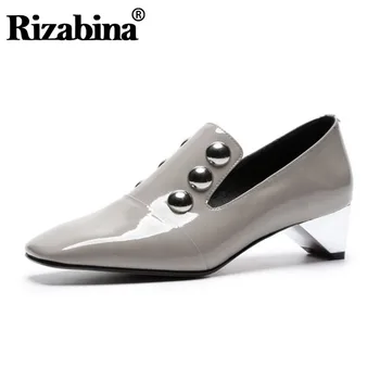 

RizaBina Women Pumps Shoes Fashion Square Toe Genuine Leather Shoes Women New Design Rivets Special Heels Footwear Size 34-42