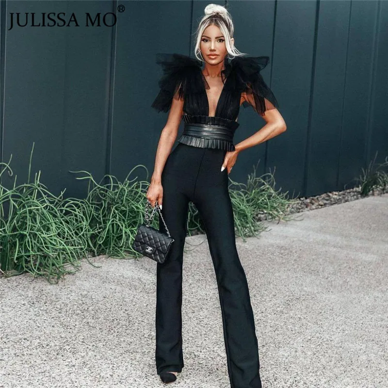 JULISSA MO Elegant V Neck Mesh Sleeve Jumpsuit Women 2019 Autumn PU Belts Sexy Wide Legs Jumpsuits White Office Ladies Overalls JULISSA MO Elegant V Neck Mesh Sleeve Jumpsuit Women 2019 Autumn PU Belts Sexy Wide Legs Jumpsuits White Office Ladies Overalls