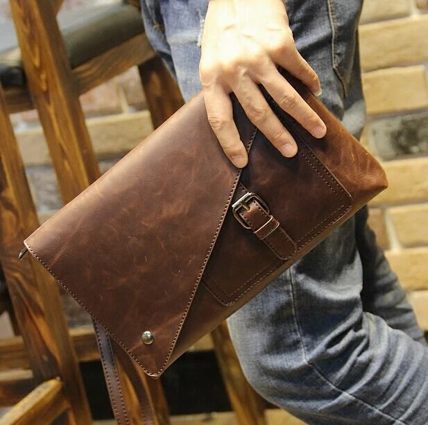 Bolso de mano hombre vintage en piel auténtica de color marrón