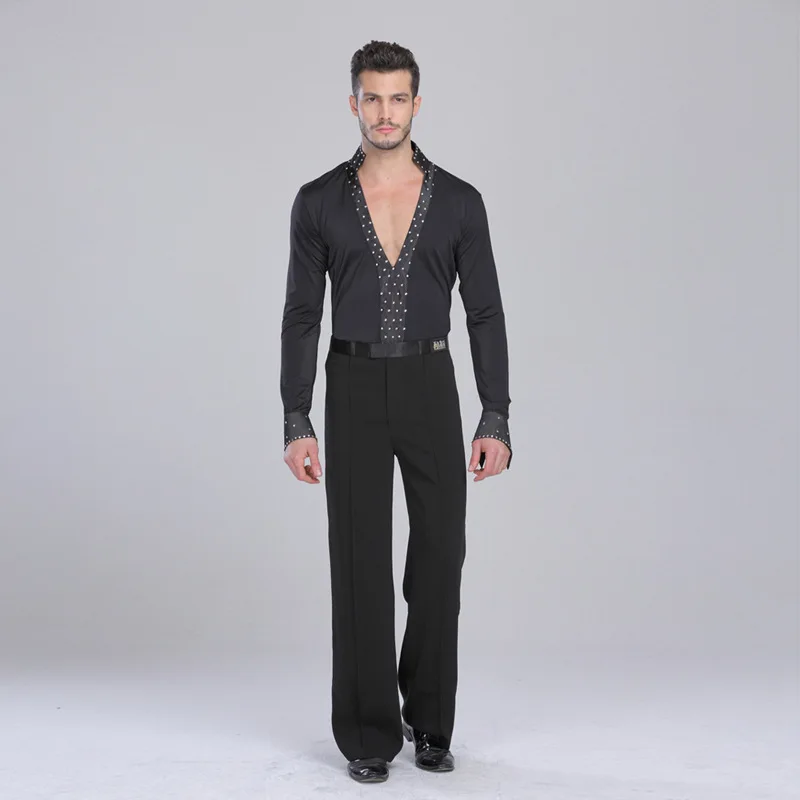 

Men Latin Dance Set New Rhinestone National Standard Modern Dance Long Sleeve Simple Clothes Pure Color Performance Costumes