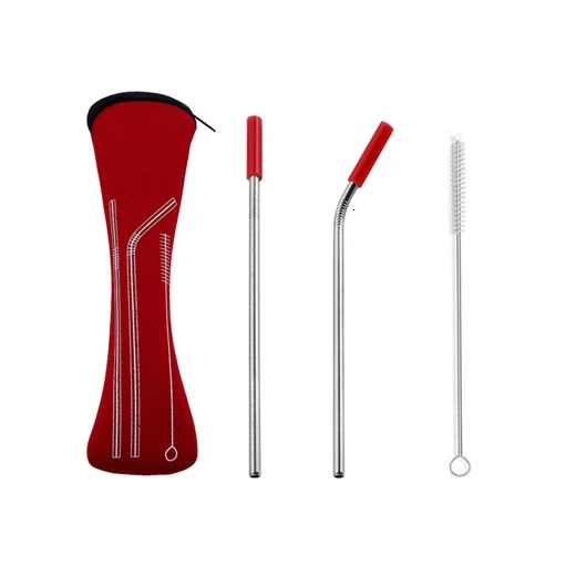 red-2pcs 8 шт красочные многоразовые силиконовые наконечники крышка из нержавеющей стали соломинка металлическая соломинка с кистью набор кухонных столовых инструментов - Цвет: red-2pcs