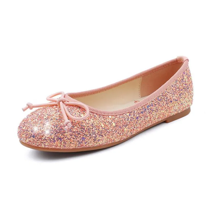 Обувь принцессы для девочек; Детские блестящие туфли с бантом для вечеринки; танцевальные туфли для девочек; свадебные детские туфли на плоской подошве; женская обувь на плоской подошве - Цвет: Розовый