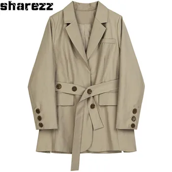 

Sharezz Spring Autumn 2020 New Women khaki Bandage Lapel Long Sleeve Loose Fit Jacket Fashion Tide Short Coat