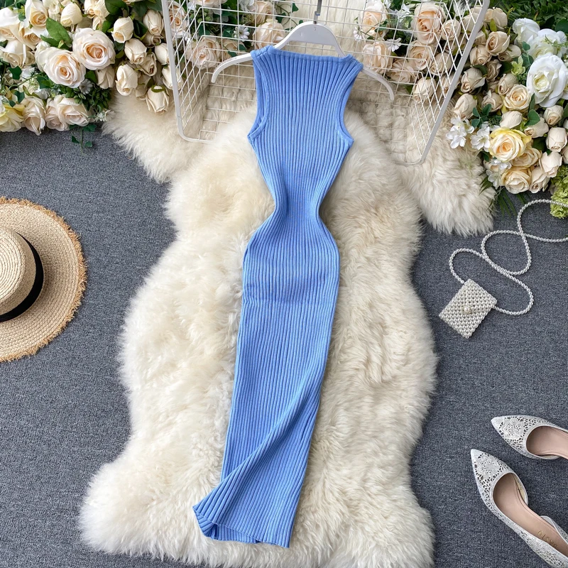 Vestidos женское платье без рукавов тонкое Облегающее вязаное платье-туника круглый