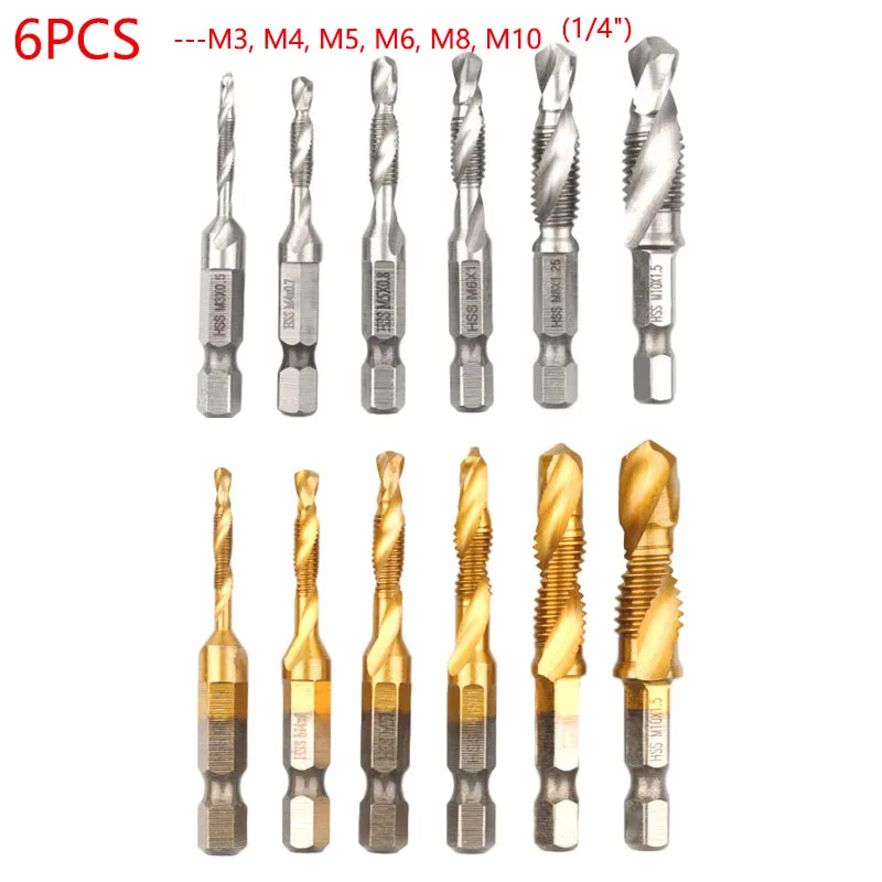 

6Pcs/Lot HSS Compound Tap Drill Bit Metric Thread M3 M4 M5 M6 M8 M10 Tap Bits 1/4" Hex Shank Drilling Power Woodworking Tools