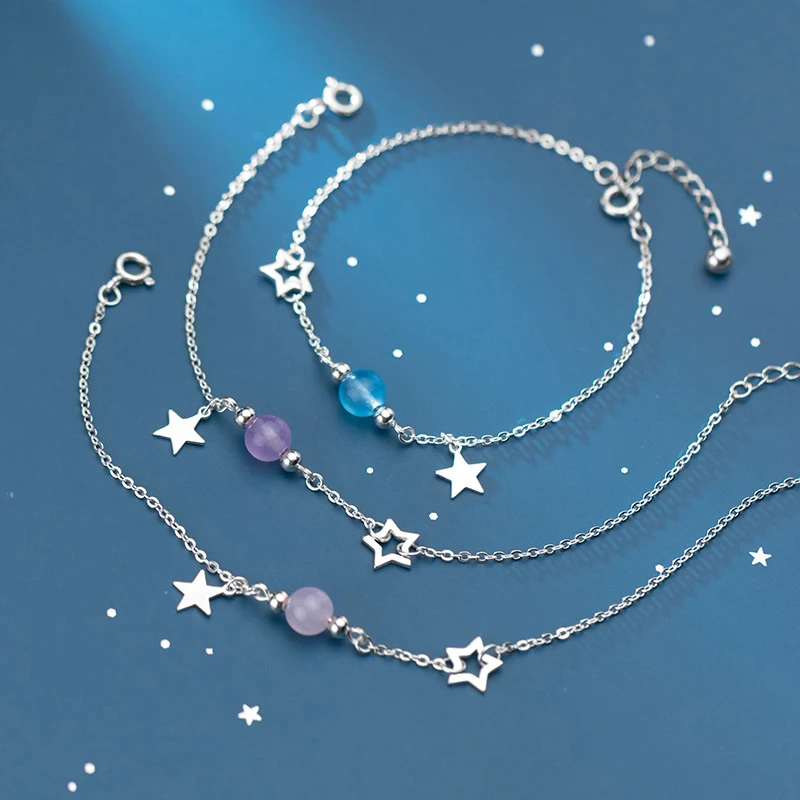 

COLUSIWEI 3 Color Natural Crystal Bracelet for Women Real 925 Sterling Silver Stars Link Chain Bracelet Female Fashion Jewelry