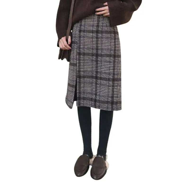

Women Autumn Winter Retro Casual Versatile Woolen Large Size Skirt Plaid Single-Breasted High Waist Long Paragraph Skirt