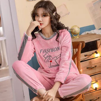 

XIZOU Women Pajamas Sets Fresh Style Sleepwear Flannel O-neck Pyjamas Long-Sleeved Fashion Casual Sleep clothes 2Pcs Nighties