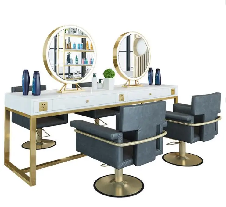 Hairdresser dressing table Barber shop double-sided mirror with lights Dressing table