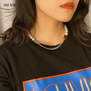 

SHIXIN Pearl Beads With Stainless Steel Chains Necklace for Women Beaded Short Choker Colar Fashion Necklaces Collier Femme 2020