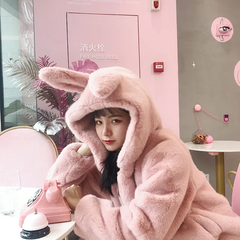 Cute Hooded Faux Fur Rabbit Ears Hooded Fluffy Coat Cartoon Imitation Rabbit Fur Grass Thick Jacket Soft Cardigan Bomber Tops