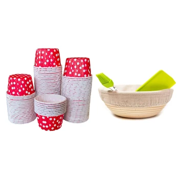 

100 Pcs Paper Cupcake Baking Cups,Red Dot 6X4.2cm & 1 Set 9 Inch Bread Proofing Basket-Dough Scraper/Cutter, Brush