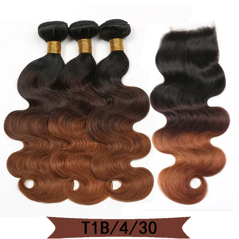 T1B/4/30 Код Calla Ombre цвет тела волна Связки с 4*4 Кружева Закрытие Необработанные бразильские необработанные девственные человеческие волосы Weft расширение - Цвет: T1B/4/30