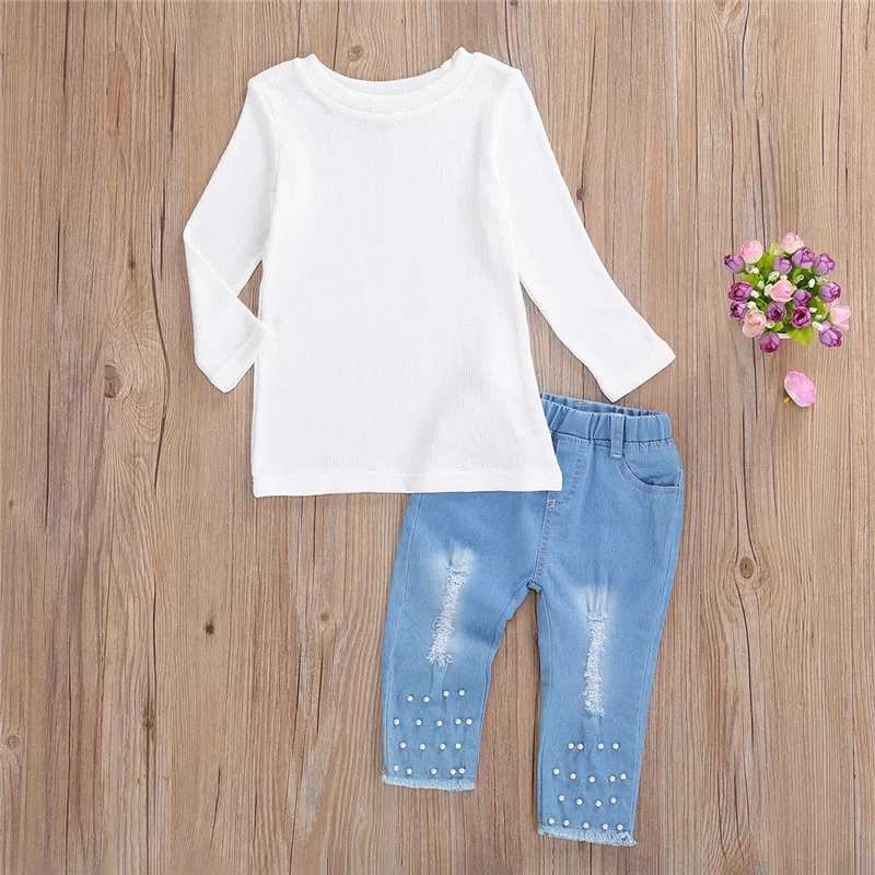 

FS FALL 2020 2 Pieces Kid baby Suit Set Girls Solid Round Neck Long Sleeve knitted Sweater and Ripped Jeans denim pearl White