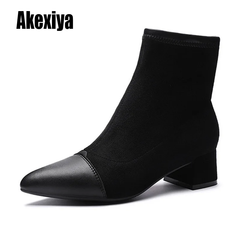 

Women Boots Ankle Short Boots Flock Pointed Toe Square Heels Winter Booties Woman 2019 Slip On Women Boots Black Beige fur k791