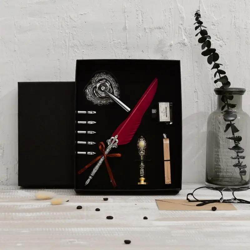 

Antique Quill Feather Dip Pen Writing Ink Set Stationery Gift Box Fountain Pen