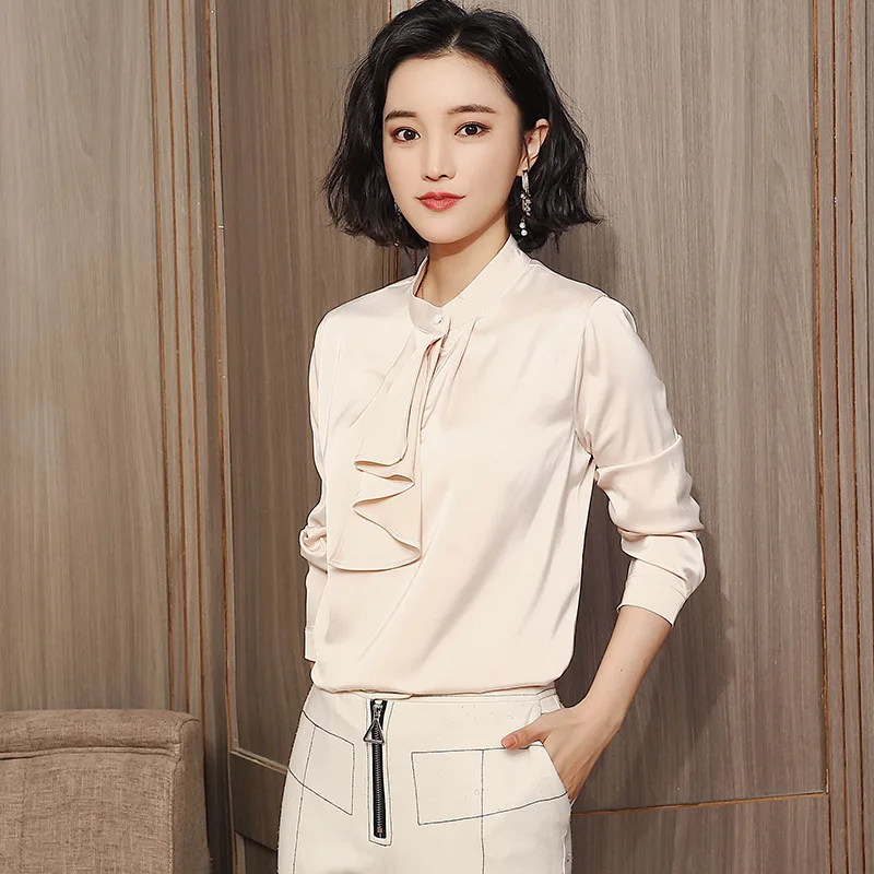 

Important Silk Shirts Women's Long-Sleeve 2019 New Style Fashion Autumn Clothing Stand Collar WOMEN'S Top Mulberry Silk Black An