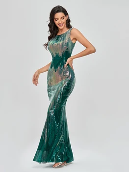 Sleeveless O-neck Evening Party Dress Shinning Sequins Mermaid Prom Gowns Elegant Women Full Dress