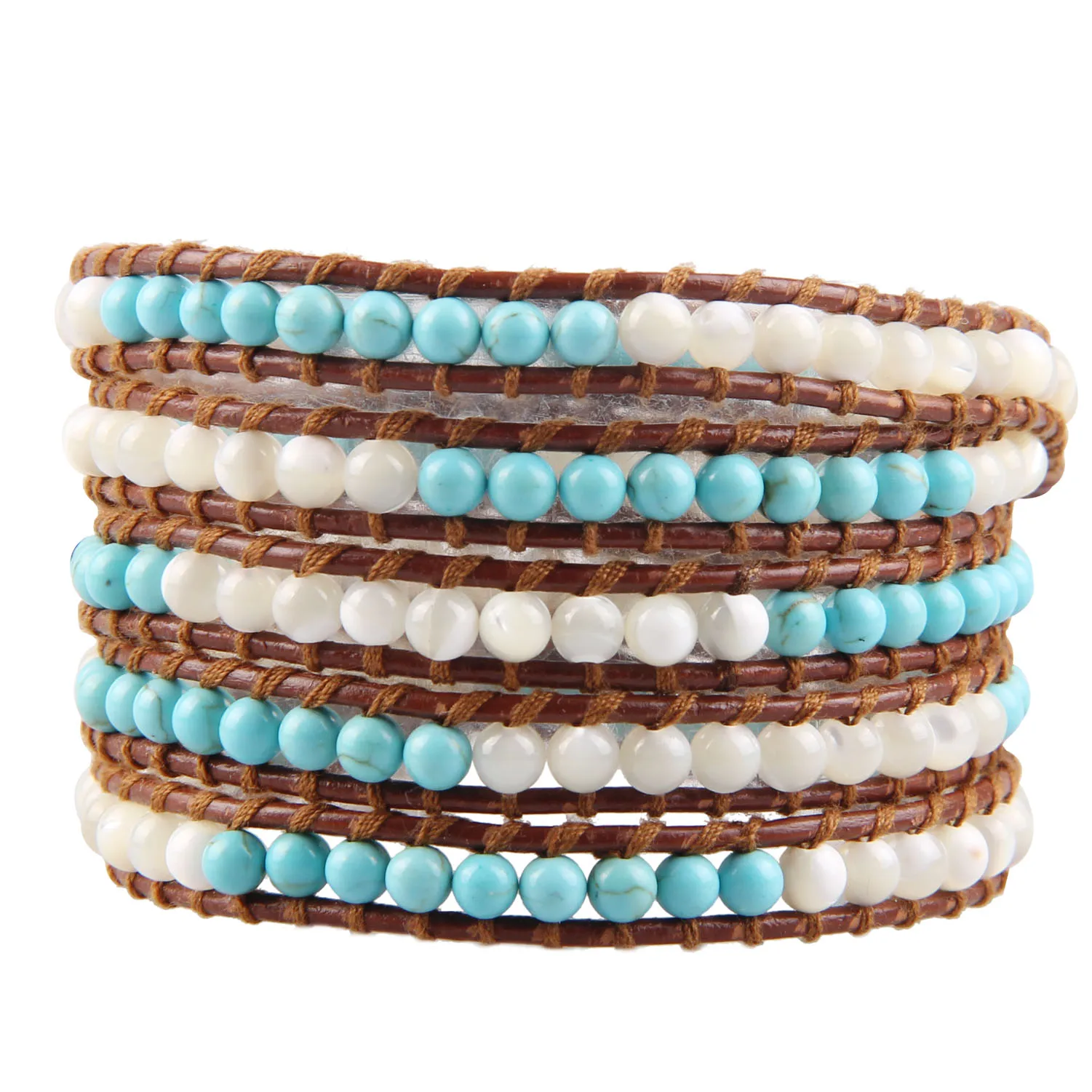 

KELITCH Unique Mixed Natural Stones 5 Layered Leather Wrap Bracelet Fashion Weaving Beaded Bracelet Boho Ethnic Jewelry