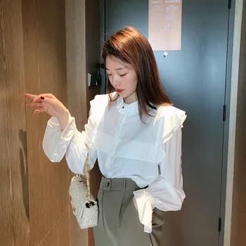 

Womens Spring 2020 New Ruffled Shirt Korean Loose Solid Color Temperament Single-breasted Jacket Blouses Female